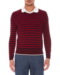 Красно-темно-синий свитер с v-образным вырезом в горизонтальную полоску