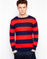 Красно-темно-синий свитер с круглым вырезом в горизонтальную полоску