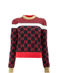 Женский красно-темно-синий свитер с круглым вырезом в горизонтальную полоску от Gucci