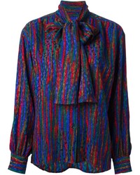 Красно-темно-синяя блуза на пуговицах в вертикальную полоску
