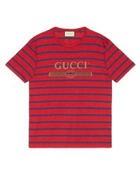 Мужская красно-темно-синяя футболка с круглым вырезом в горизонтальную полоску от Gucci