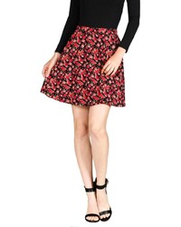 Красно-черная короткая юбка-солнце с цветочным принтом