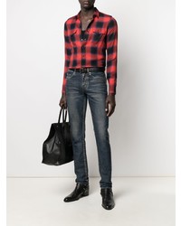 Мужская красно-черная рубашка с длинным рукавом в мелкую клетку от Saint Laurent