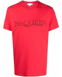 Мужская красно-черная футболка с круглым вырезом с принтом от Alexander McQueen