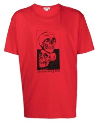 Мужская красно-черная футболка с круглым вырезом с принтом от Alexander McQueen