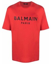 Мужская красно-черная футболка с круглым вырезом с принтом от Balmain