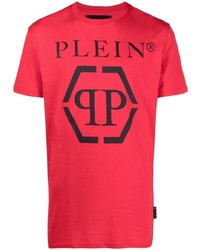 Мужская красно-черная футболка с круглым вырезом с принтом от Philipp Plein