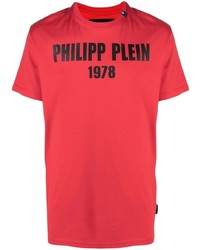 Мужская красно-черная футболка с круглым вырезом с принтом от Philipp Plein