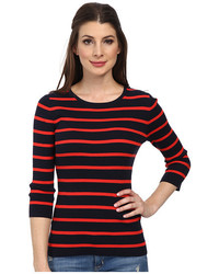 Красно-черный свитер с круглым вырезом в горизонтальную полоску