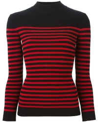 Женский красно-черный свитер с круглым вырезом в горизонтальную полоску