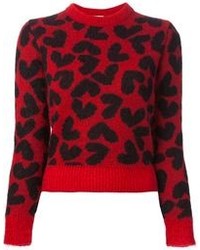 Женский красно-черный свитер с круглым вырезом с леопардовым принтом от Saint Laurent