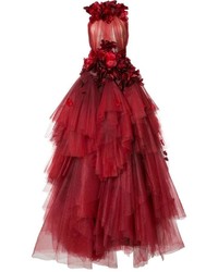 Красное вечернее платье из фатина с украшением от Marchesa