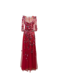 Красное вечернее платье из фатина с цветочным принтом от Marchesa Notte