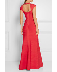 Красное вечернее платье с вырезом от Herve Leger