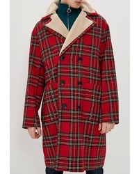 Красное длинное пальто в шотландскую клетку от Topman