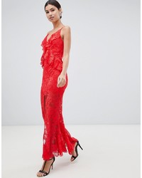 Красное кружевное вечернее платье с рюшами от Love Triangle
