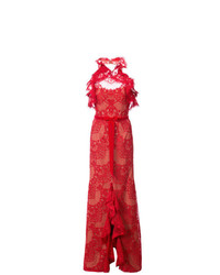 Красное кружевное вечернее платье с рюшами от Marchesa Notte