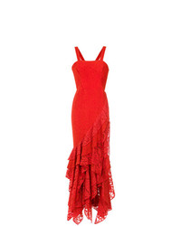 Красное кружевное вечернее платье с рюшами от Martha Medeiros