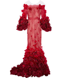 Красное кружевное вечернее платье с цветочным принтом от Marchesa