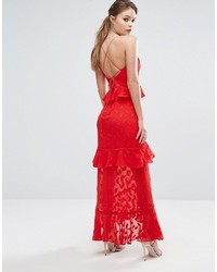 Красное кружевное платье-макси