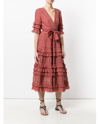 Красное кружевное платье-миди с рюшами от Zimmermann
