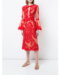 Красное кружевное платье-миди от Marchesa
