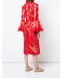 Красное кружевное платье-миди от Marchesa
