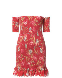 Красное льняное платье с открытыми плечами с цветочным принтом от Zimmermann