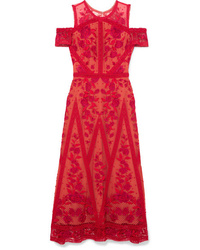 Красное платье-миди из фатина с вышивкой от Marchesa Notte