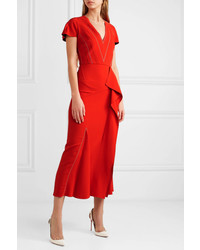 Красное платье-миди с рюшами от Roland Mouret