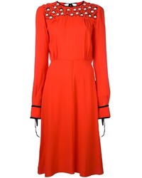 Красное платье-миди с украшением от MSGM