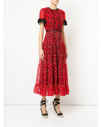 Красное платье-миди с цветочным принтом от Saloni