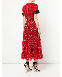 Красное платье-миди с цветочным принтом от Saloni