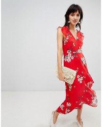 Красное платье-миди с цветочным принтом от Warehouse
