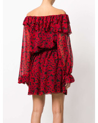 Красное платье с открытыми плечами с принтом от Saint Laurent
