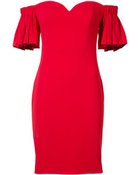 Красное платье с открытыми плечами с рюшами от Badgley Mischka