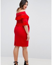 Красное платье с открытыми плечами с рюшами от Asos