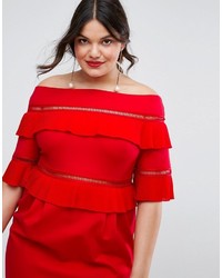 Красное платье с открытыми плечами с рюшами от Asos
