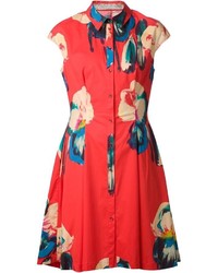 Красное платье с плиссированной юбкой с цветочным принтом от Lela Rose