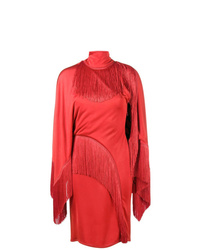 Красное платье-футляр c бахромой