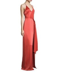Красное сатиновое вечернее платье с разрезом