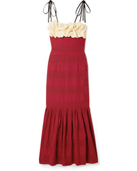 Красное сатиновое платье-макси с рюшами