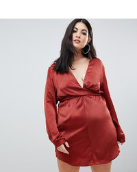 Красное сатиновое платье с запахом от PrettyLittleThing Plus