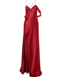 Красное шелковое вечернее платье с разрезом от Michelle Mason