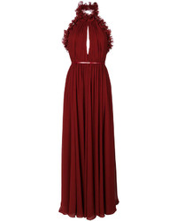 Красное шелковое платье-макси с рюшами от Elie Saab