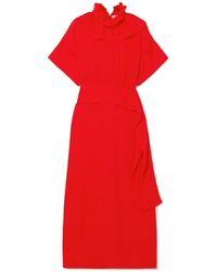 Красное шелковое платье-миди с рюшами от Victoria Beckham