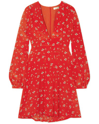 Красное шелковое платье прямого кроя с цветочным принтом от RIXO