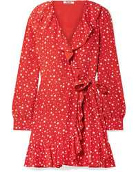 Красное шелковое платье с запахом с принтом от Miu Miu