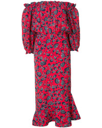 Красное шелковое платье с открытыми плечами с принтом от Saloni
