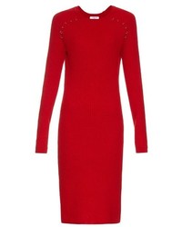 Красное шерстяное вязаное платье-миди